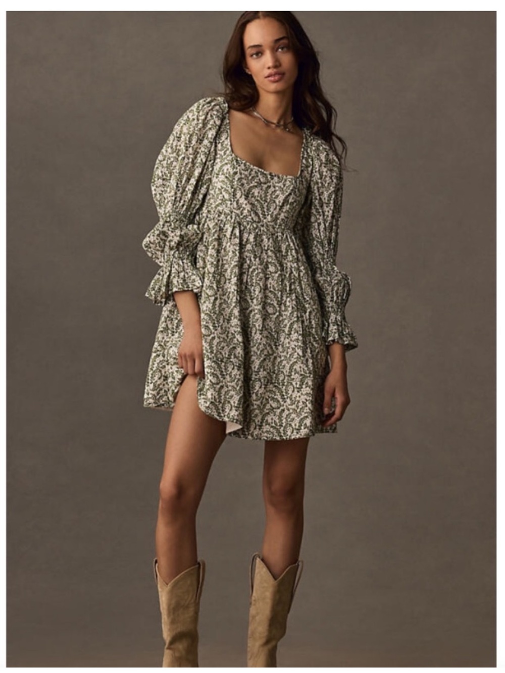 Anthropologie Pilcro Long-Sleeve Babydoll Mini Dress Green Size M
